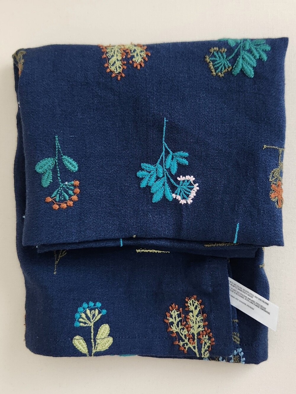 Anthropologie Dark Blue Embroidered Floral Dish Towel, New w/Tag